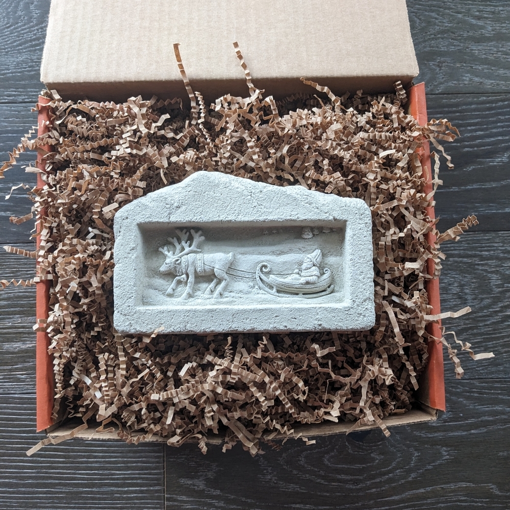 Carruth Studio Vintage Christmas Hand Cast Stone Relief of Santa & Reindeer